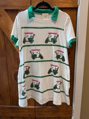 Fantastic Fawn White Polo Dress with Green Trim and Pink Golf Cart Motif